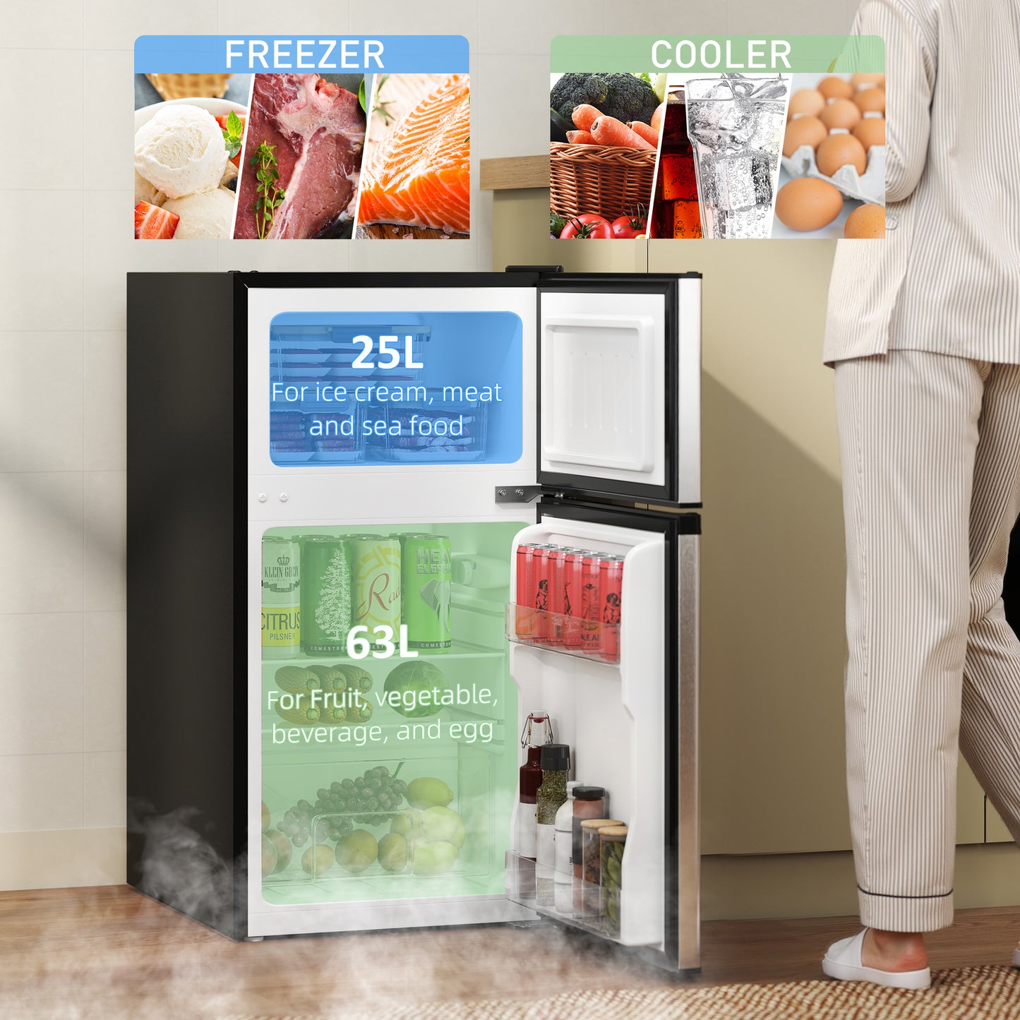 88L Under Counter Fridge Freezer, Small Refrigerator with 5-Setting, 3 Star Freezer Rating, Black and Silver Tone