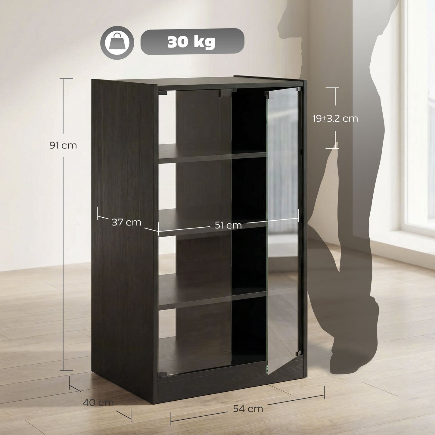 4-Tier Hi-Fi Stand, Record Player Stand with Adjustable Shelves and Push-to-Open Glass Doors, Black Wood-Effect
