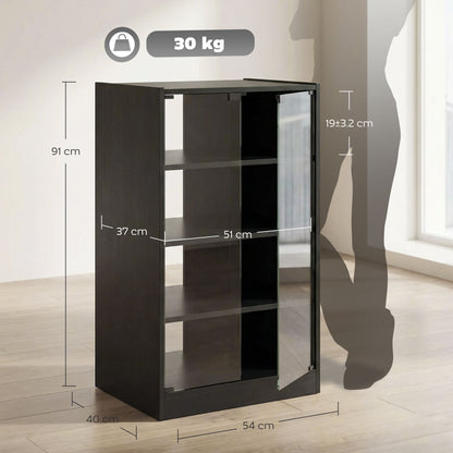 4-Tier Hi-Fi Stand, Record Player Stand with Adjustable Shelves and Push-to-Open Glass Doors, Black Wood-Effect
