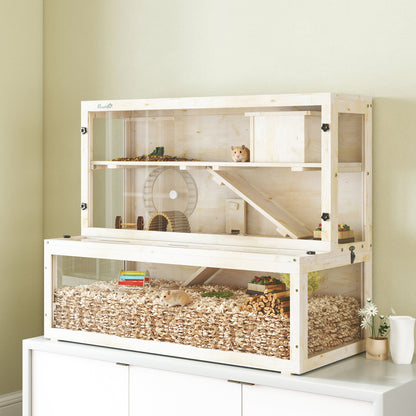Wooden Hamster Cage with Hut, Wheel, Ramps, Removable Viewing Panels, 100 x 50 x 84 cm, Natural Wood