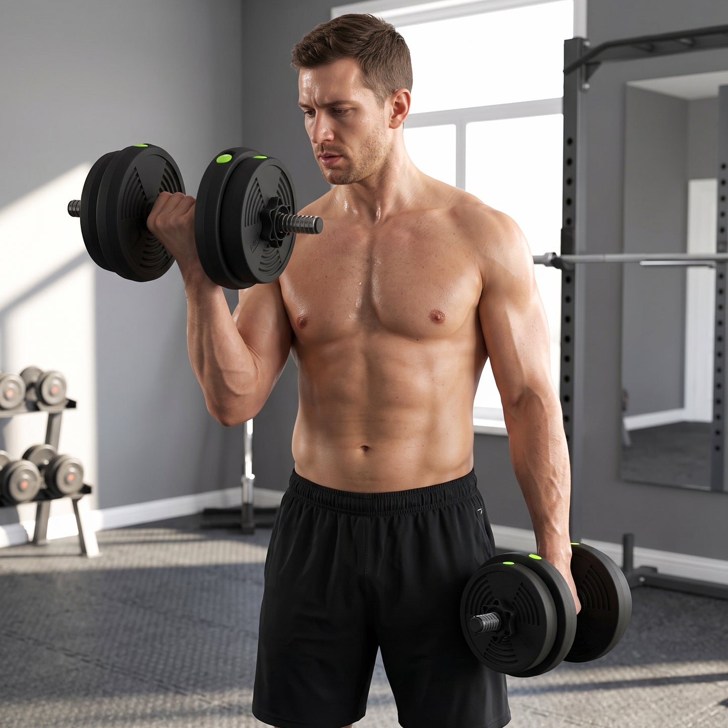 Adjustable Weight Barbell & Dumbbells Set Free Weights Strength Muscle Exercise Home Gym Training, Black and Green