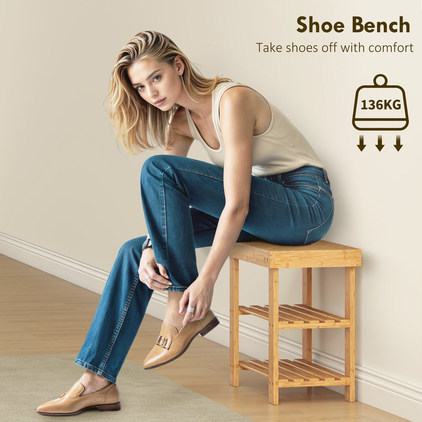 Two Shelf Bamboo Shoe Storage Bench - Natural Finish