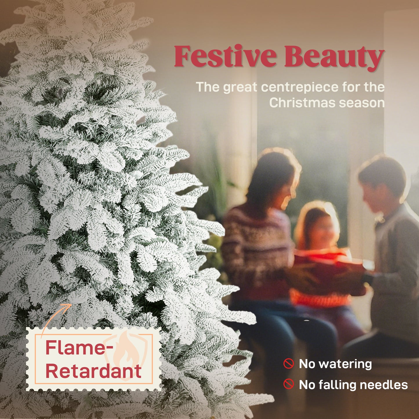 6 ft Artificial Flocked Christmas Tree with 1182 Branches, Hinged Xmas Tree with Foldable Metal Stand