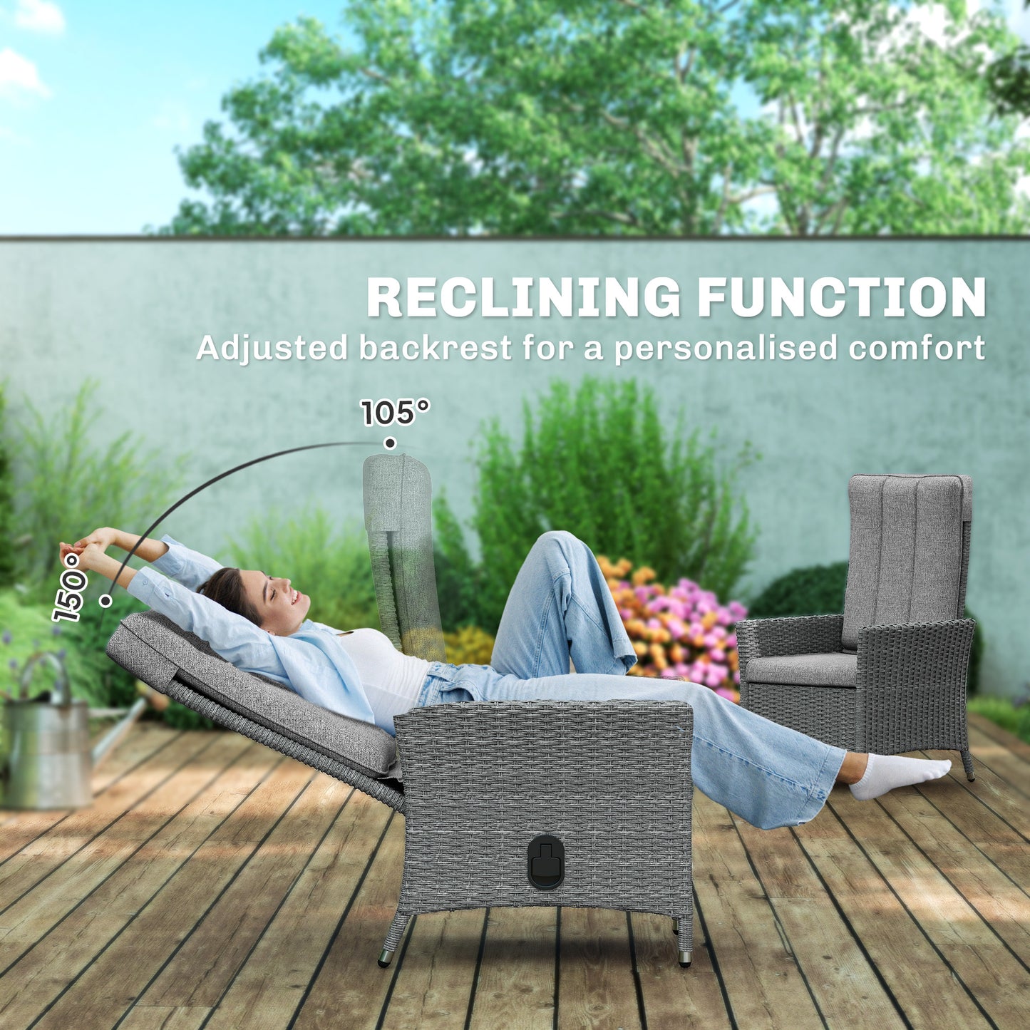 105°-150° Reclining Rattan Chair - Light Grey