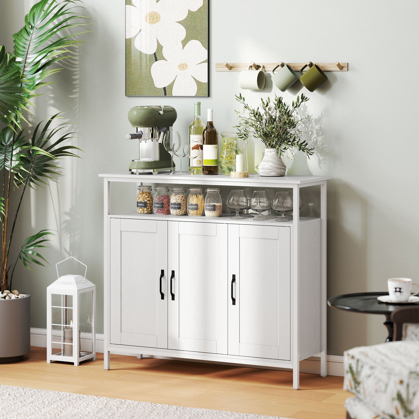 Industrial Kitchen Sideboard with Open Shelf, 2 Cabinets, Adjustable Shelves for Living Room, Dining Room, White