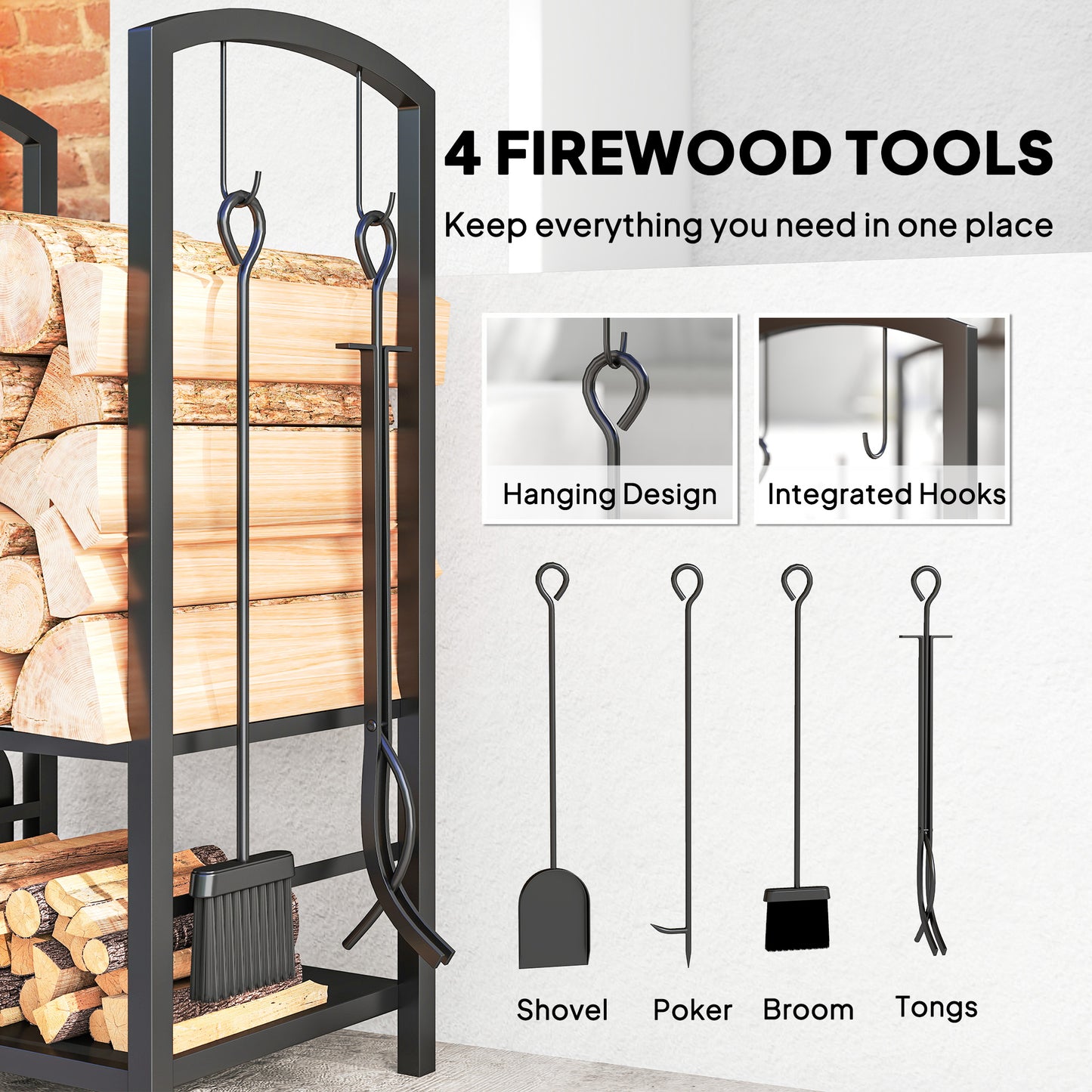 Metal Firewood Log Holder 2 Layer Firewood Rack Indoor Outdoor Fireplace Wood Storage Shelf with 4 Tools and Hooks, Black