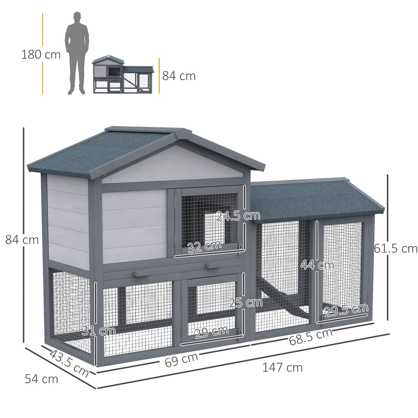 Wooden Rabbit Hutch Outdoor, Double Tier with Water-Resistant Roof, Ramp 147 x 54 x 84 cm, Grey