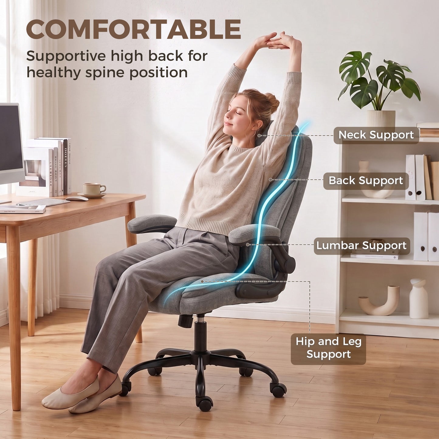 Office Chair, Ergonomic Desk Chair with Flip-up Armrest, Pocket Springs, Swivel Wheels, Adjustable Height, Dark Grey
