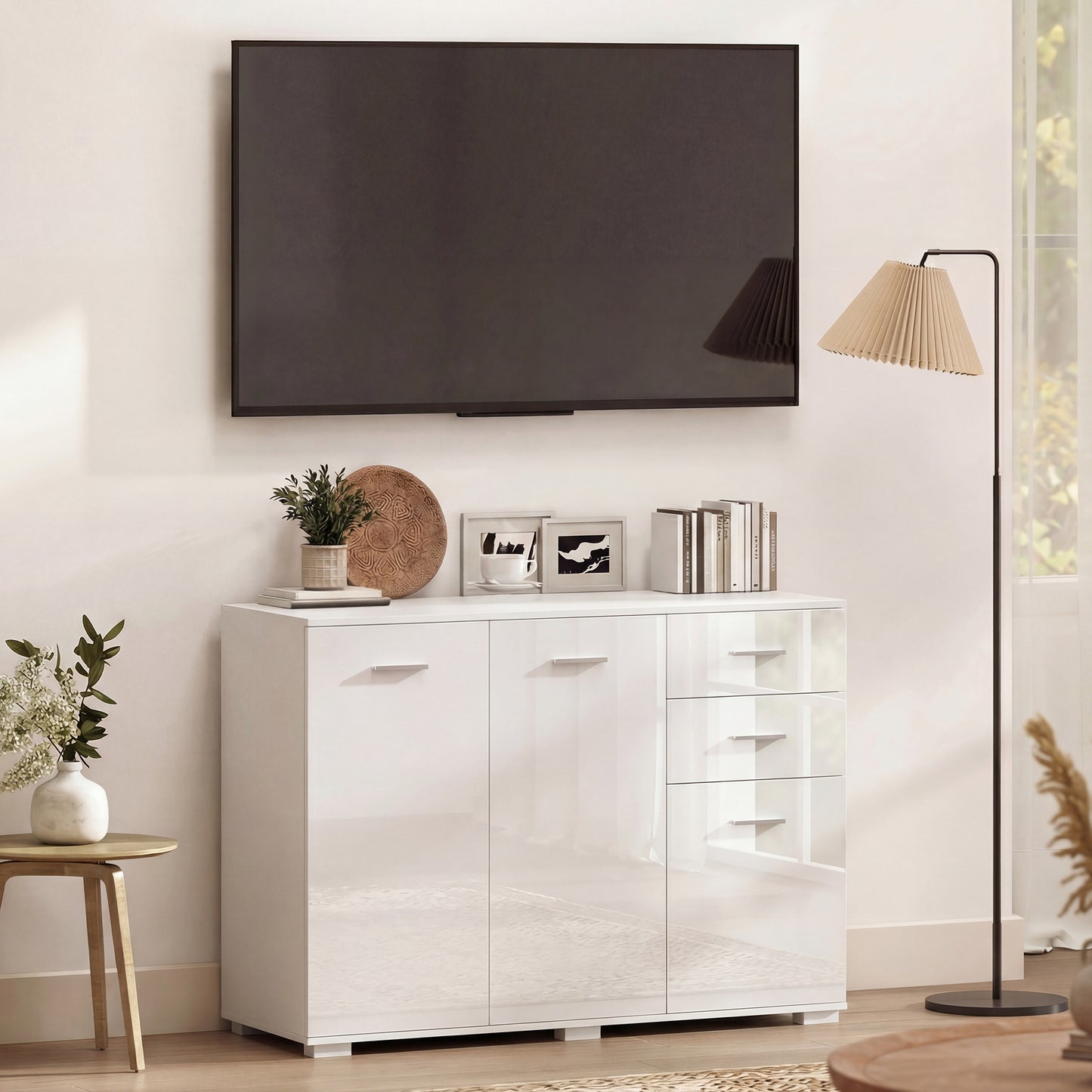 Sideboard, Modern Storage Cabinet with 2 Drawers, 3 Doors and Adjustable Shelves, High Gloss White