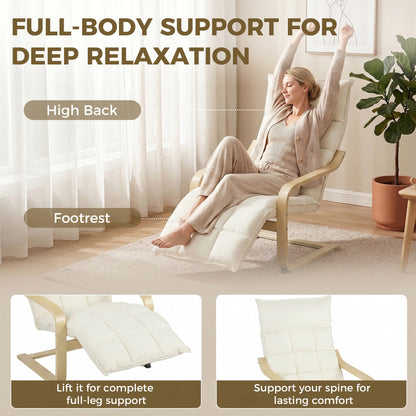 Modern Accent Chair, Leisure Lounge Chair Armchair with Footrest, Plush Cushion, Curved Legs and Arms, Cream White