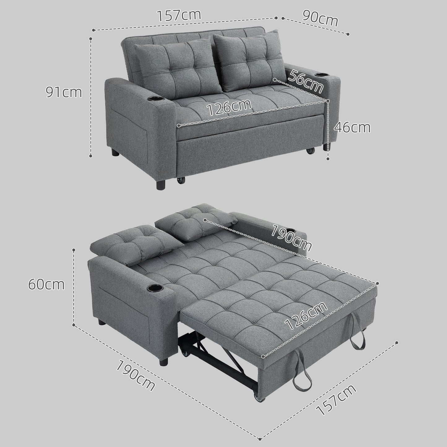 2 Seater Sofa Bed Pull-Out Sofa Bed for Small Space - Charcoal Grey
