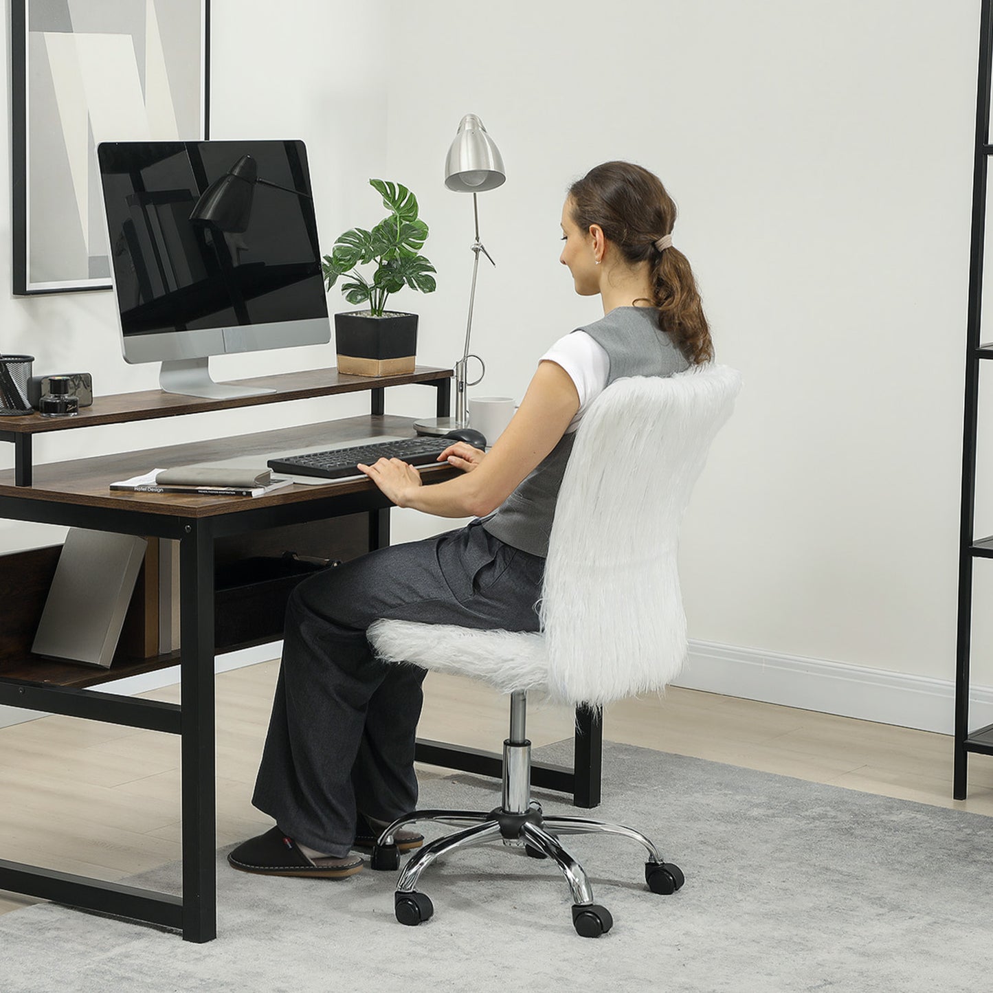 Plush Office Desk Chair, Modern Armless Swivel Vanity Chair with Adjustable Height for Home Office, Bedroom, Living Room