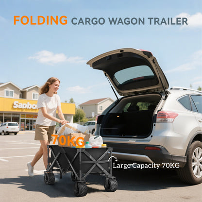 Outdoor Folding Garden Trolley on Wheels, Capming Cargo Wagon Cart Trailer w/ Handle, Wheels for Beach Garden, Black
