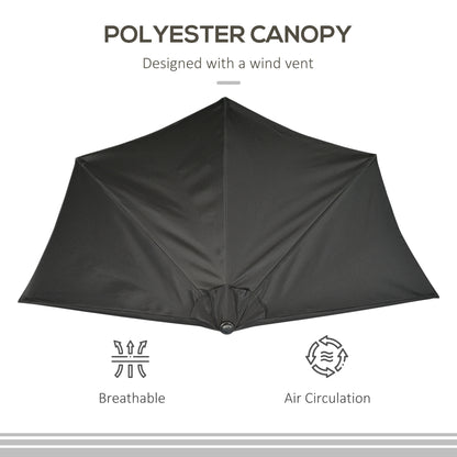 3(m) Half Parasol, Semi Round Umbrella with Metal Frame, Crank Handle for Balcony, Garden, Black