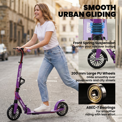 Foldable Kick Scooter with Height Adjustable Handlebar, One-click Folding Adult Scooters with 200 mm Big Wheels, Purple