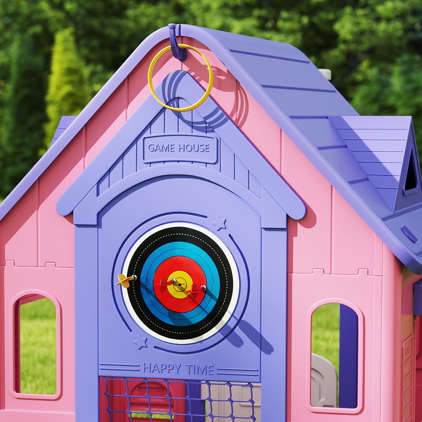 5-in-1 Playhouse for Kids Outdoor Indoor with Basketball Hoop, Football Goal, Dartboard, Ring Toss for 2-5 Years, Pink