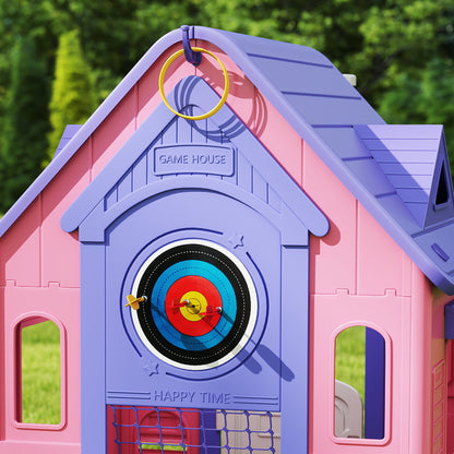 5-in-1 Playhouse for Kids Outdoor Indoor with Basketball Hoop, Football Goal, Dartboard, Ring Toss for 2-5 Years, Pink
