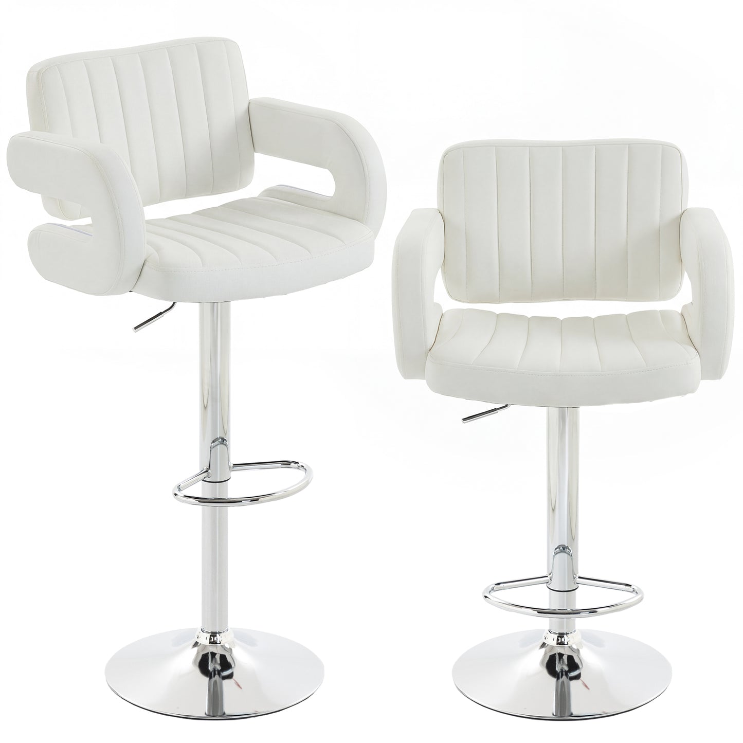 Bar Stools Adjustable Swivel Kitchen Chairs with Backrest Armrest Set of 2 PU Leather White