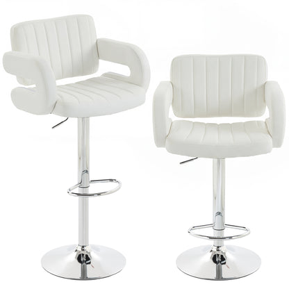 Bar Stools Adjustable Swivel Kitchen Chairs with Backrest Armrest Set of 2 PU Leather White