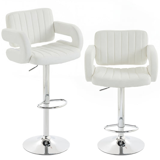 Bar Stools Adjustable Swivel Kitchen Chairs with Backrest Armrest Set of 2 PU Leather White
