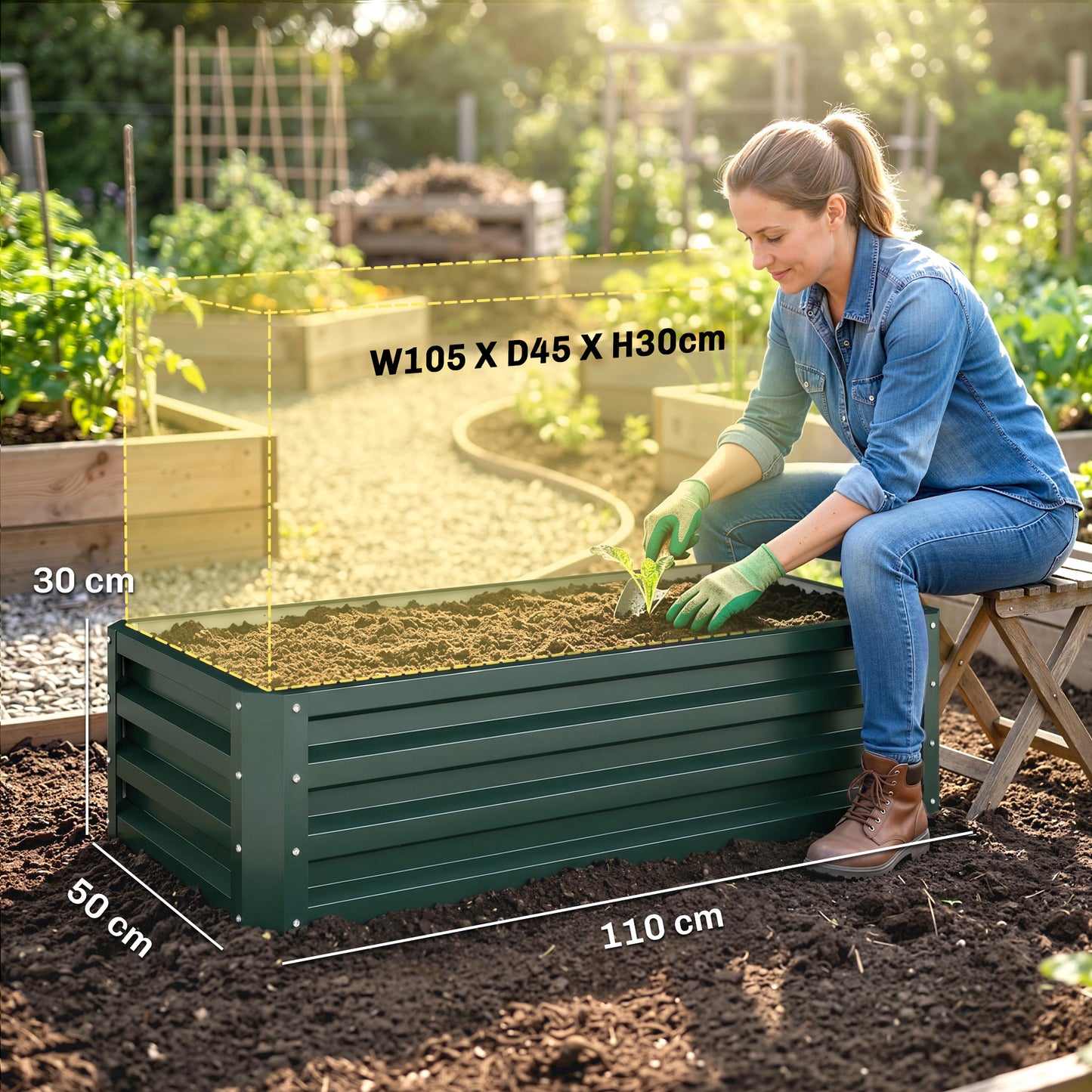 Set of Two 110 x 50 cm Steel Planter Boxes - Green