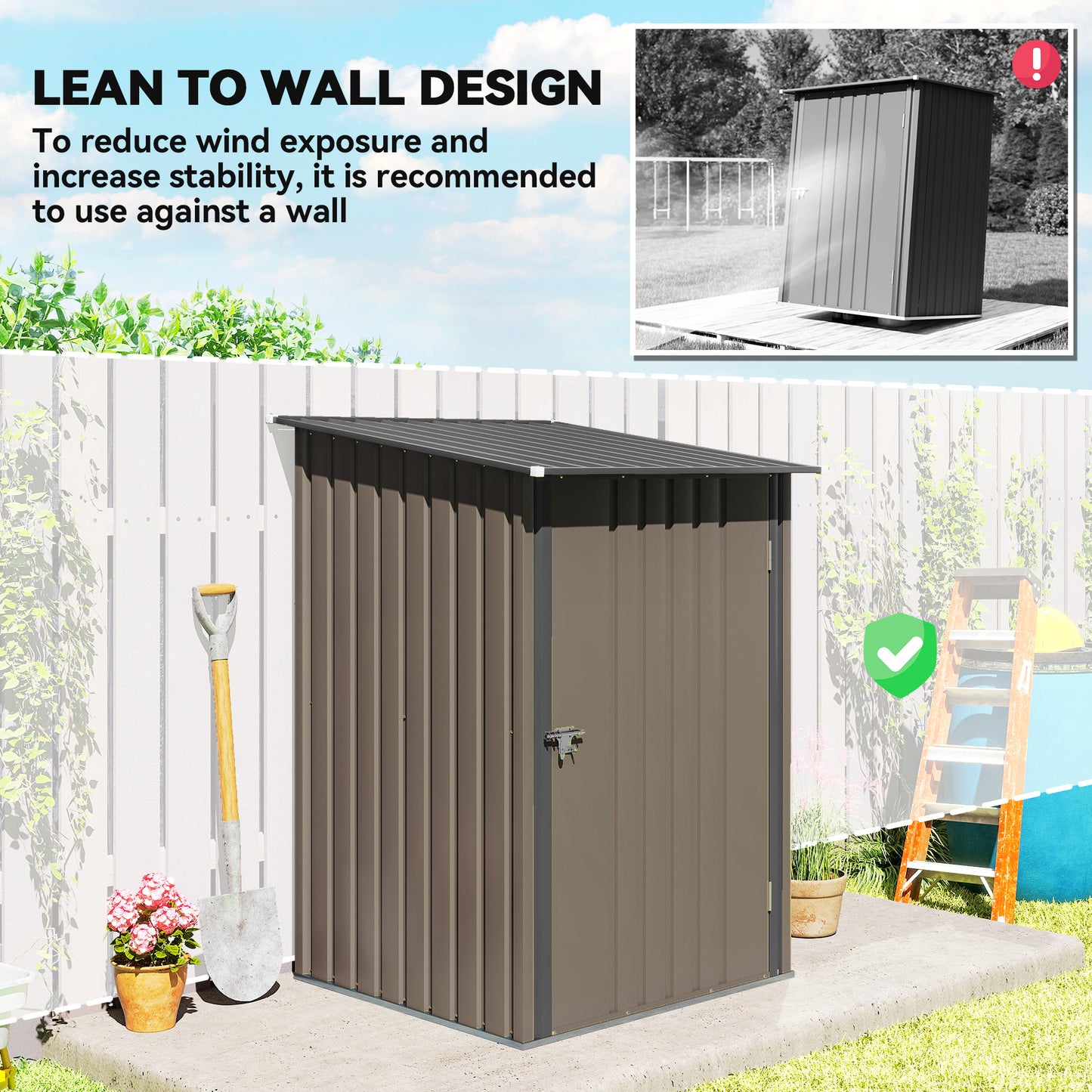 3.3 x 3.4ft Lean To Steel Garden Shed with Locking Door - Brown/Grey