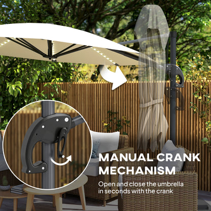 3(m) Cantilever Garden Parasol with Solar Powered Lights, Crank Handle & Cross Base, UPF 50+, 360° Rotation, Cream