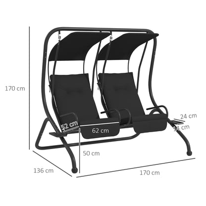 Two-Seat Garden Swing Chair, with Protective Canopy - Black