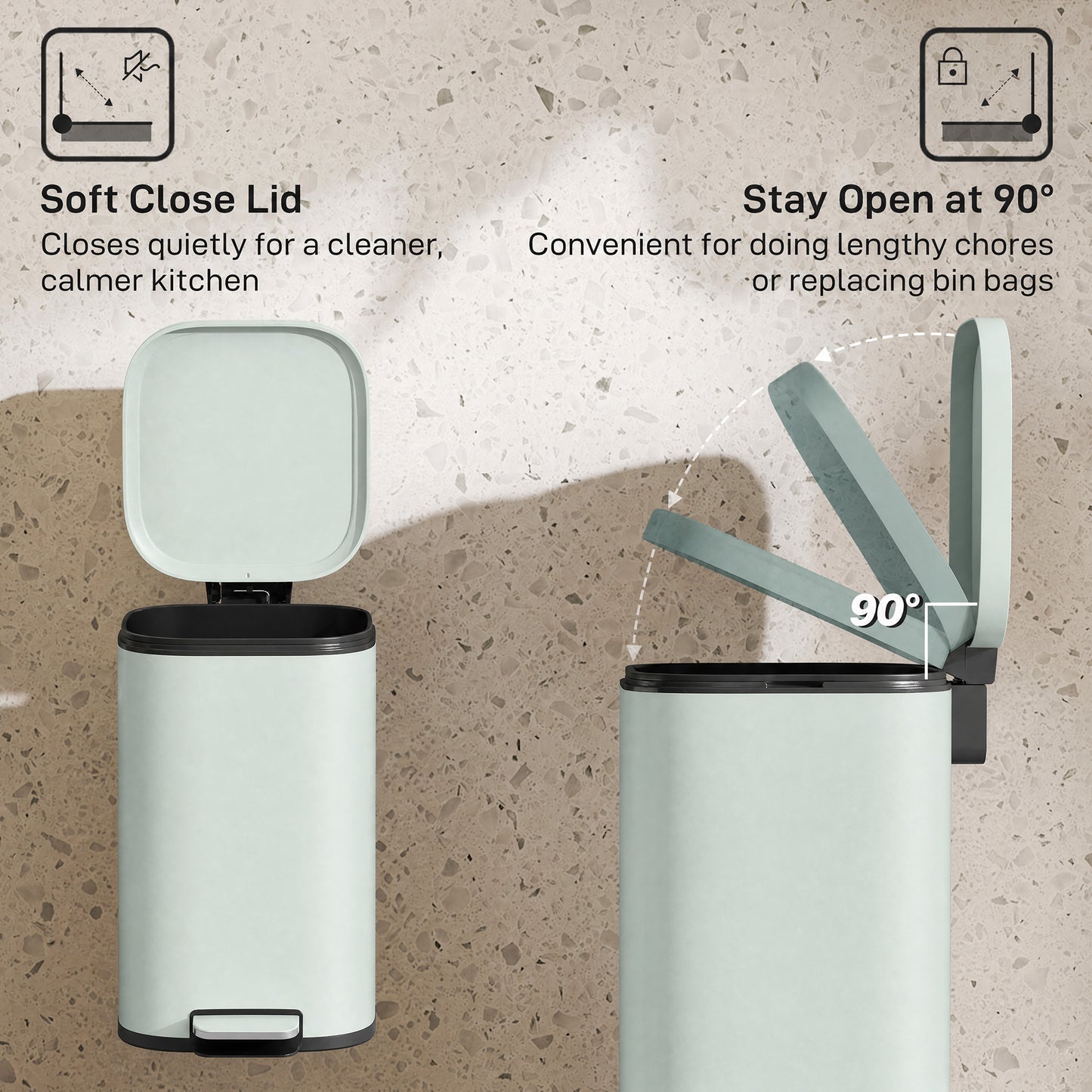 30L Kitchen Bin, Compact Pedal Bin with Soft-Close and Stay-Open Lid, Removable Bucket for Kitchen, Home, Office, Green
