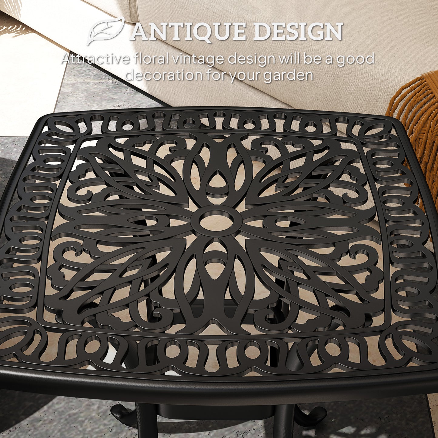 Outdoor Garden Table, Cast Aluminium Patio End Table with Umbrella Hole and Anti-slip Foot Pads for Garden, Patio, Balcony