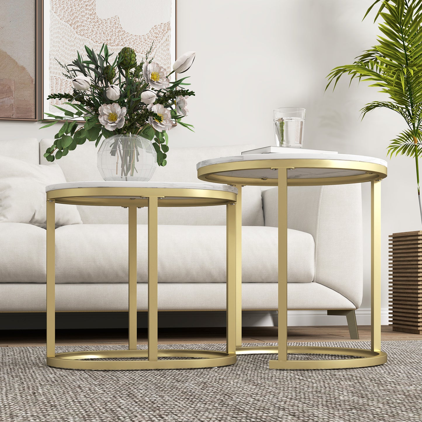 Nest of Tables with Steel Frame and Faux Marble Tabletop, Modern Coffee Table Set of 2, Gold Tone/White