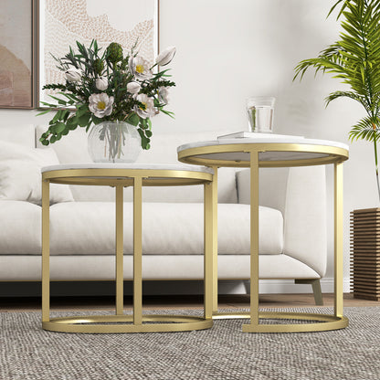 Nest of Tables with Steel Frame and Faux Marble Tabletop, Modern Coffee Table Set of 2, Gold Tone/White