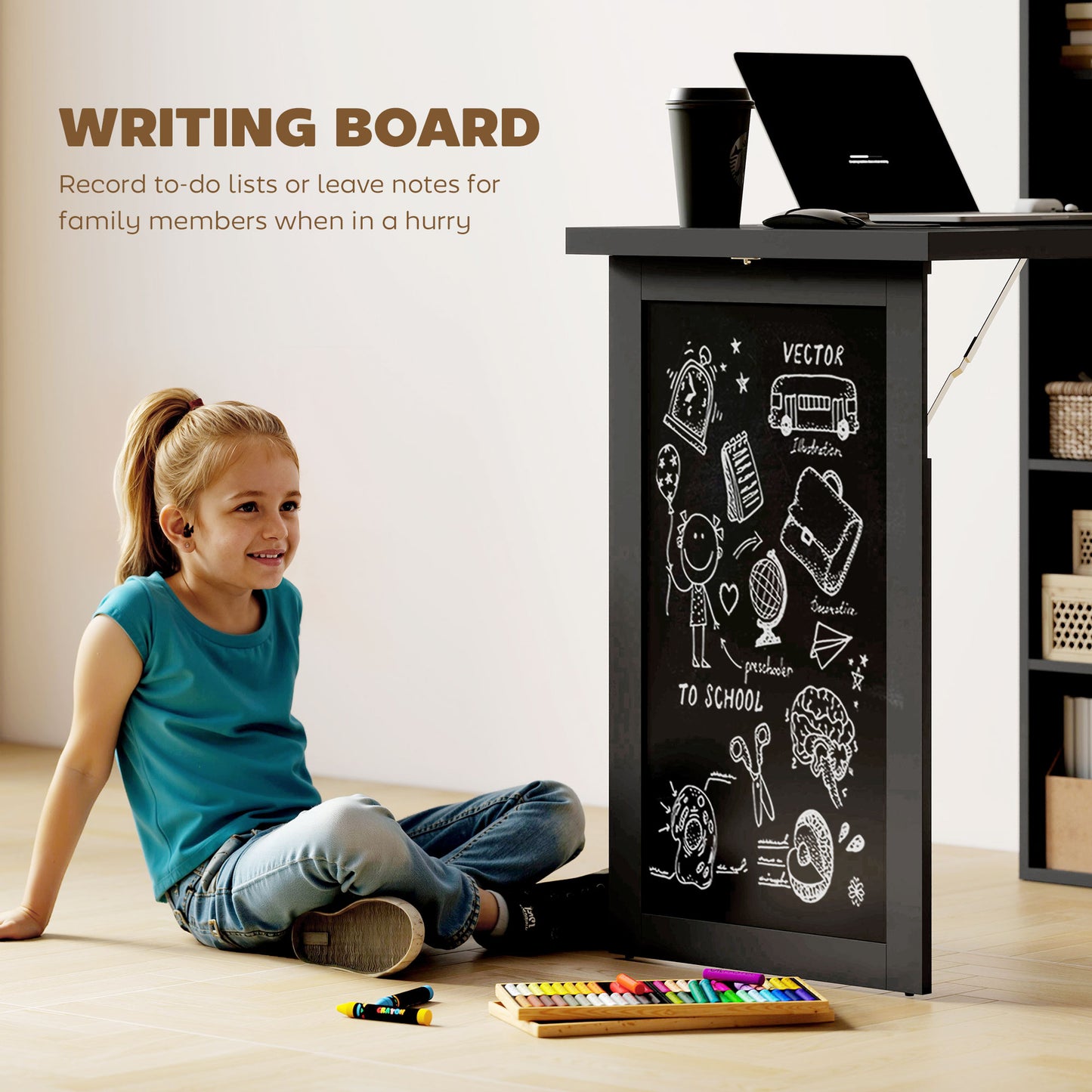 Three-Part Work Desk, with Storage and Chalkboard - Black