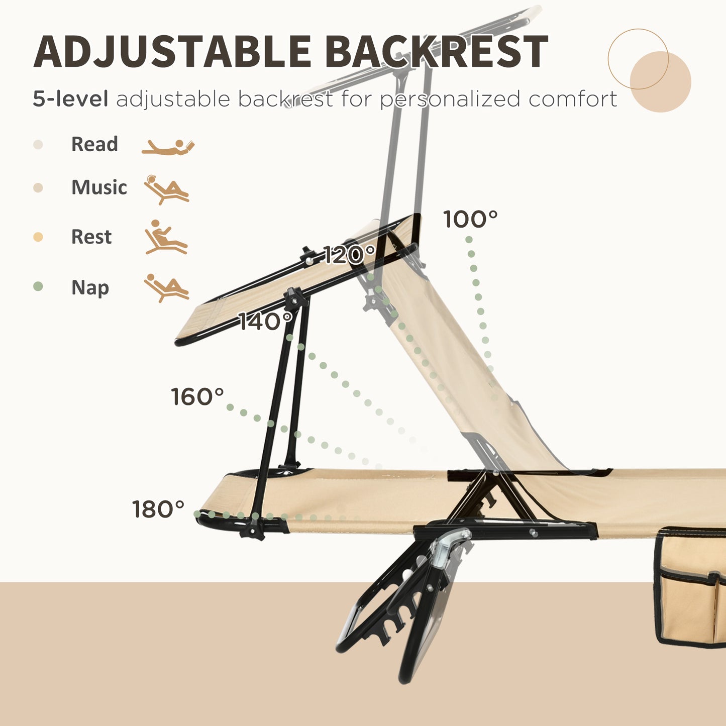2 Piece Folding Sun Loungers with Canopy, Adjustable Recliner Garden Chairs with Side Pocket