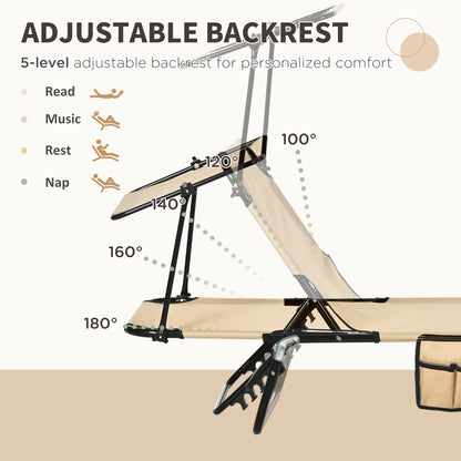 2 Piece Folding Sun Loungers with Canopy, Adjustable Recliner Garden Chairs with Side Pocket