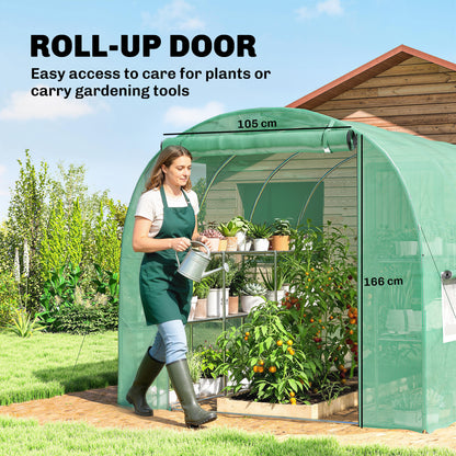 Walk-in Greenhouse with Shelves, Polytunnel Greenhouse with Roll-Up Door, 6 Mesh Windows,198 x 275 x 191 cm, Green