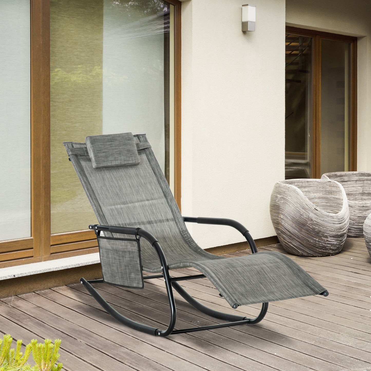 Outdoor Garden Rocking Chair, Patio Sun Lounger Rocker Chair with Breathable Mesh Fabric, Removable Headrest Pillow, Armrest