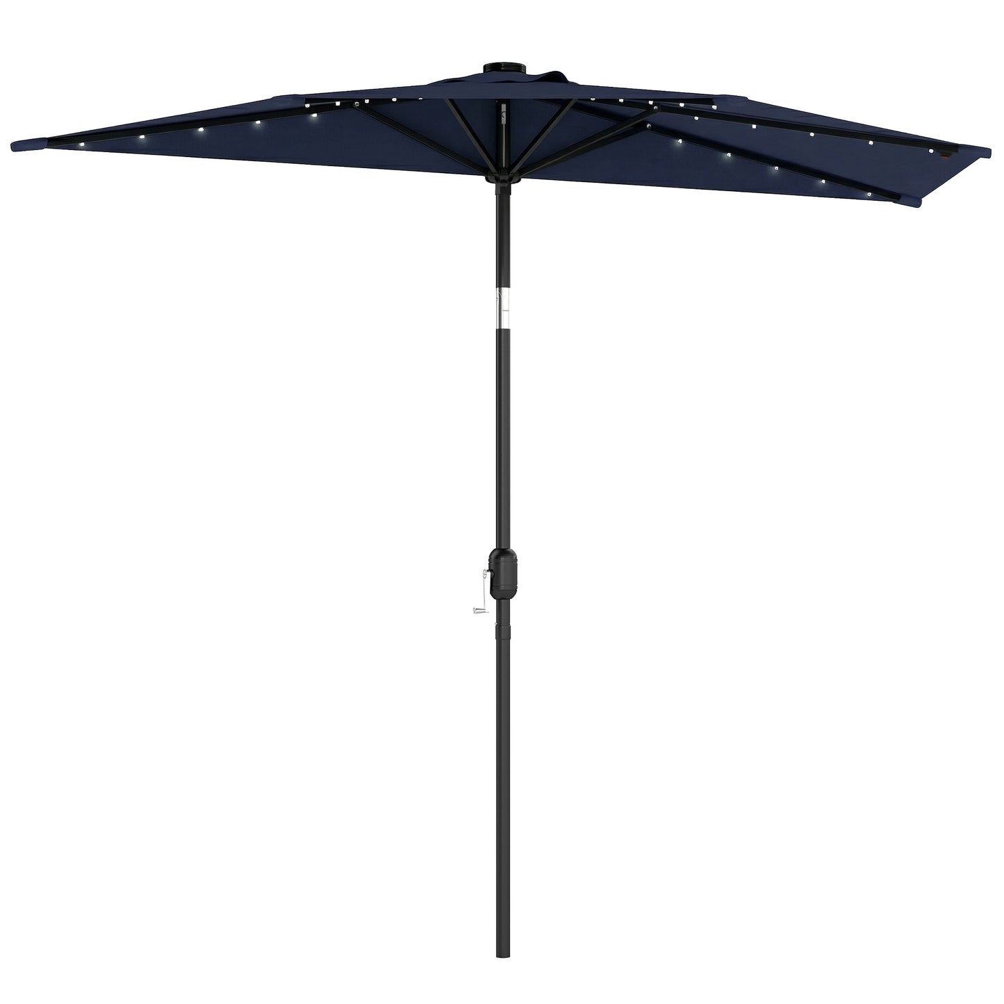 2.6 m Half Garden Parasol with Solar LED Lights, UPF50+ Semi Round Umbrella with 30° Tilt, Crank Handle, Dark Blue