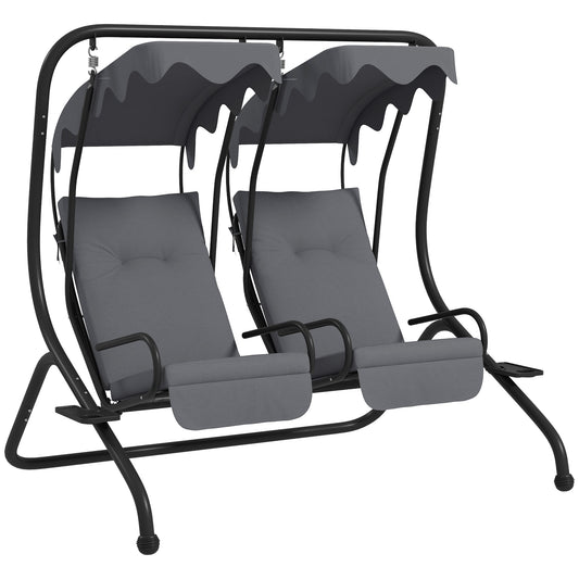 Two-Seat Garden Swing Chair, with Protective Canopy - Grey