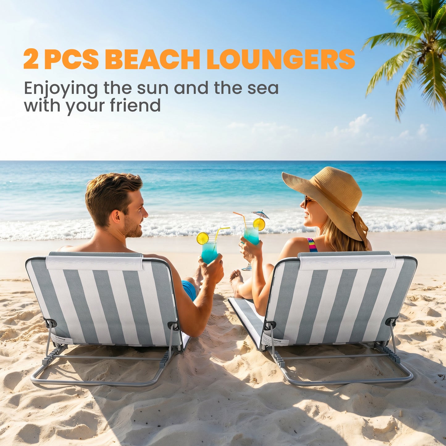 Set of 2 Foldable Garden Beach Chair Mat Lightweight Outdoor Sun Lounger Seats Adjustable Back Metal Frame PE Fabric Head Pil