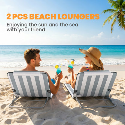 Set of 2 Foldable Garden Beach Chair Mat Lightweight Outdoor Sun Lounger Seats Adjustable Back Metal Frame PE Fabric Head Pil