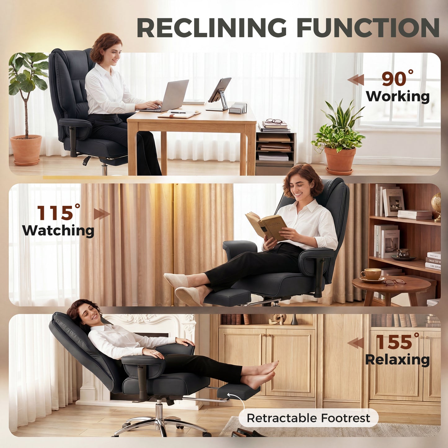 Executive Office Chair, Reclining Desk Chair with Footrest, Adjustable Armrests, Pet Friendly Faux Leather, Black