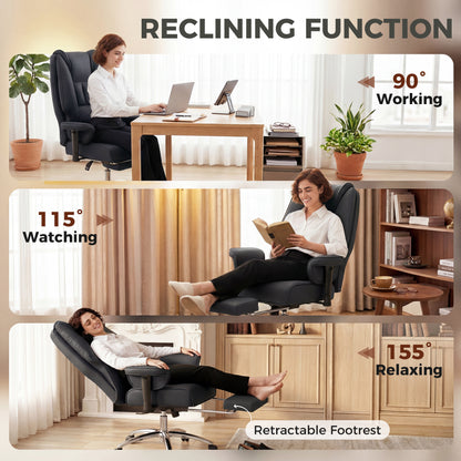 Executive Office Chair, Reclining Desk Chair with Footrest, Adjustable Armrests, Pet Friendly Faux Leather, Black