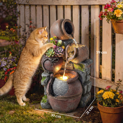 Outdoor Fountain with 4-Tier Rustic Pots & Planter, Garden Fountain with LED Lights, Rustic Brown