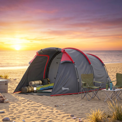 2 Man Tunnel Tent with Sewn-in Groundsheet, Air Vents, Rainfly, 2000mm Large Camping Tent with Bedroom, Porch