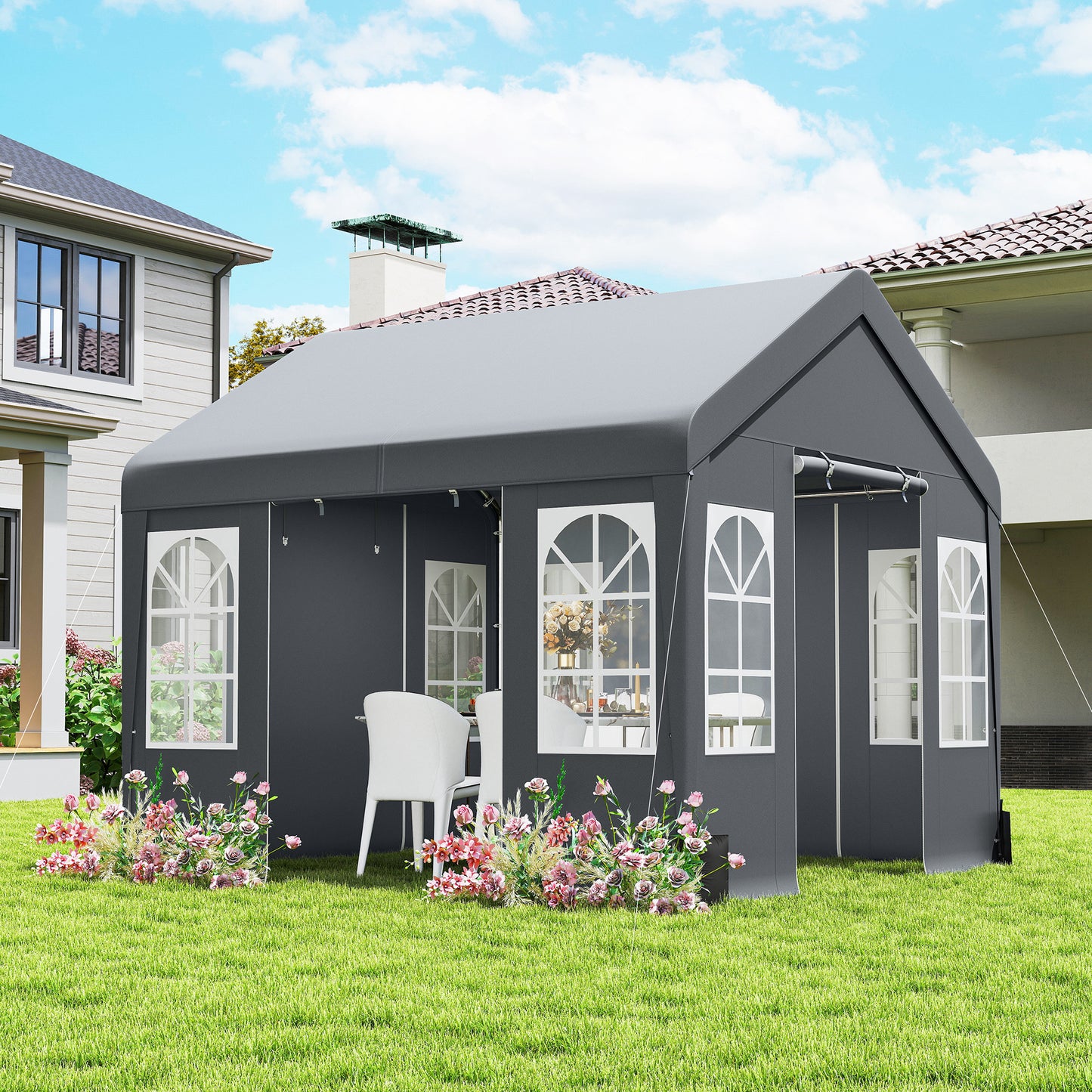 3 x 3 m Party Tent, Outdoor Canopy Tent Shelter with Removable Sidewalls, 4 Zipped Doors, for Parties, Wedding, Grey