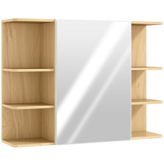 Bathroom Mirror Cabinet with Open Storage Shelves - Natural Wood Finish