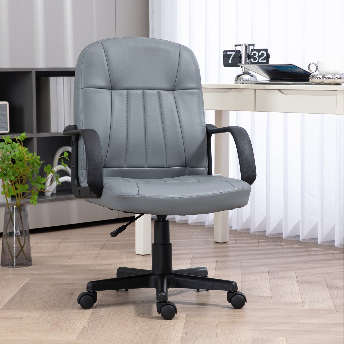 Desk Chair, PU Leather Computer Office Chair with Adjustable Height, Swivel Wheels for Home Work Study, Grey