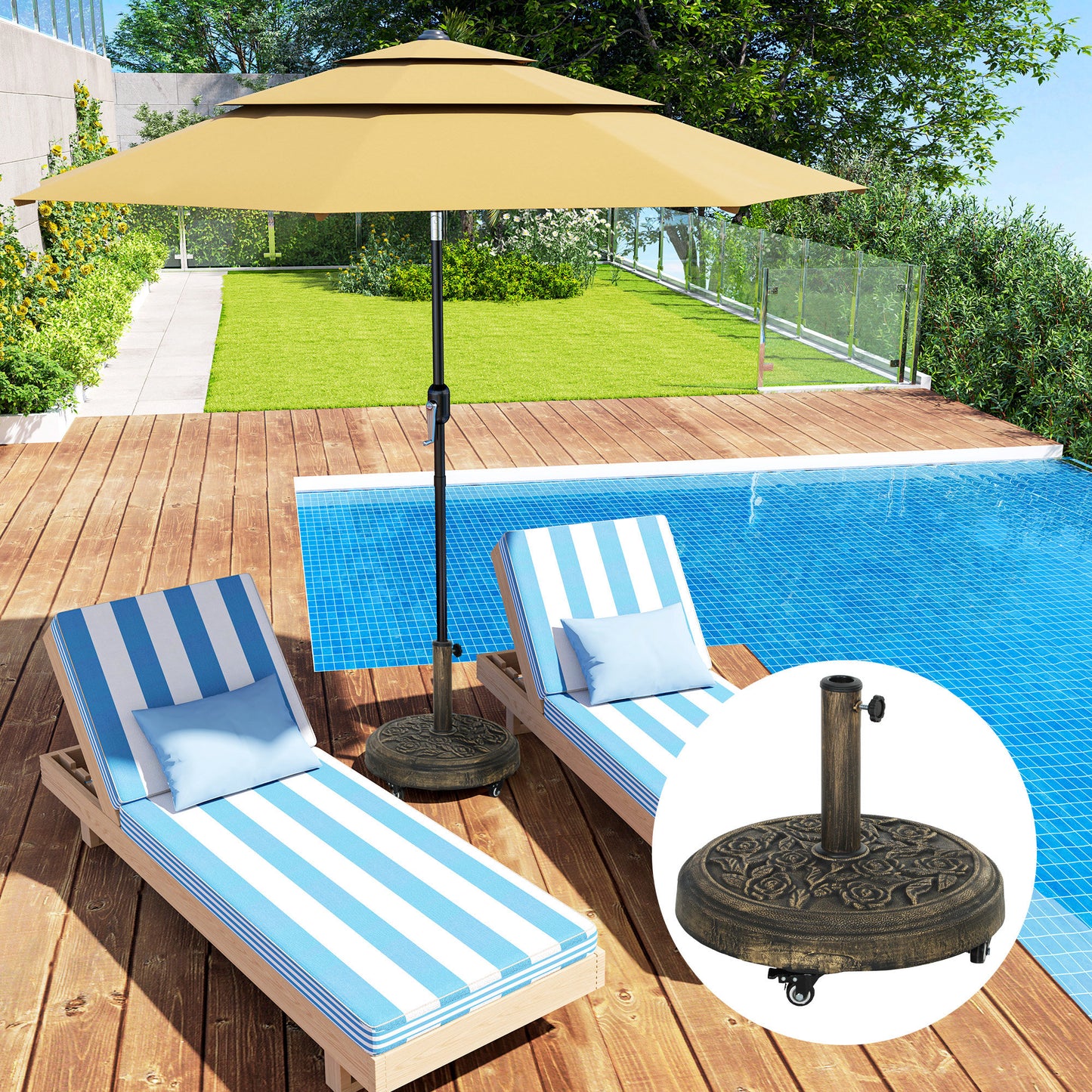 Parasol Base, Umbrella Base with Wheels Cast Iron Effect, for Umbrella, Canopy, Weather Resistant, Bronze Tone