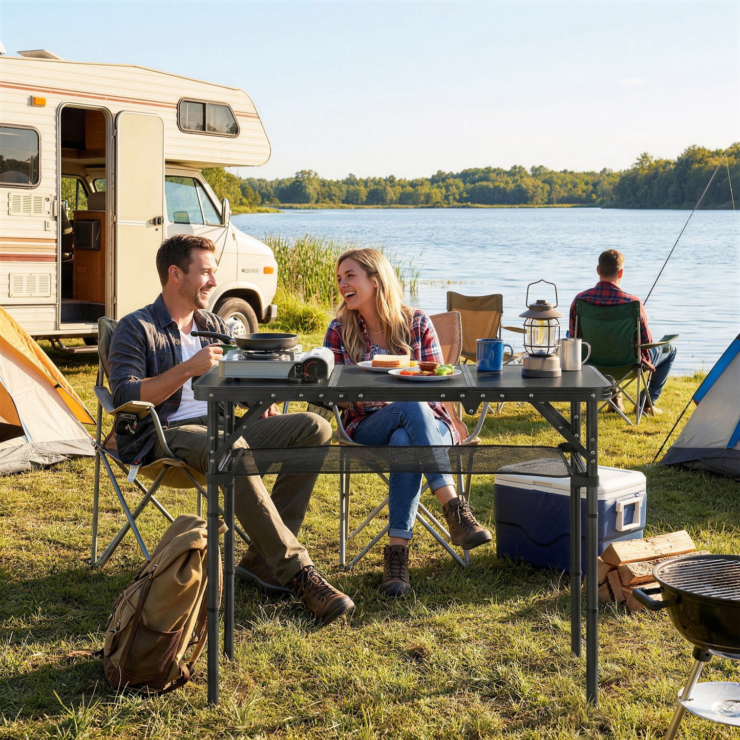 3ft Folding Camping Table, Picnic Table with Mesh Storage Layer, Carrying Bag and Metal Frame, Black